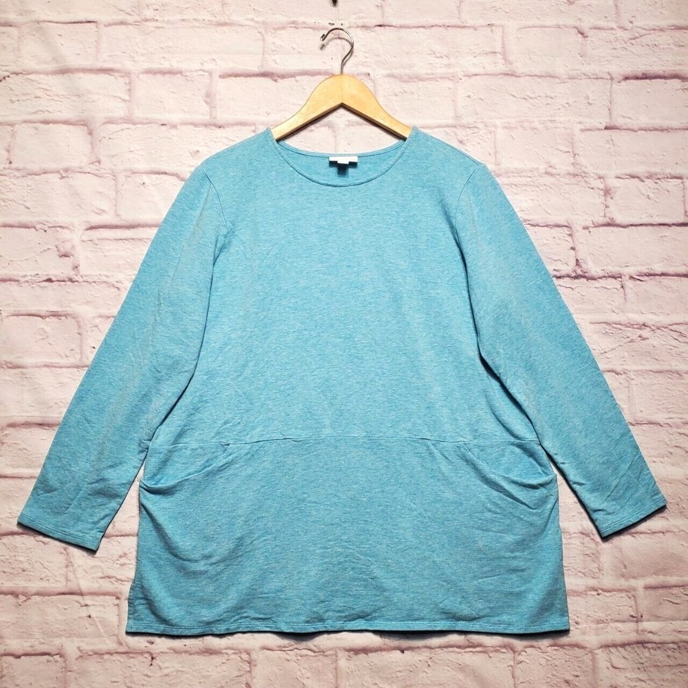 Pure Jill Tunic Top Women Large Blue‎ Heathered Pima Cotton Pocket Crew Neck